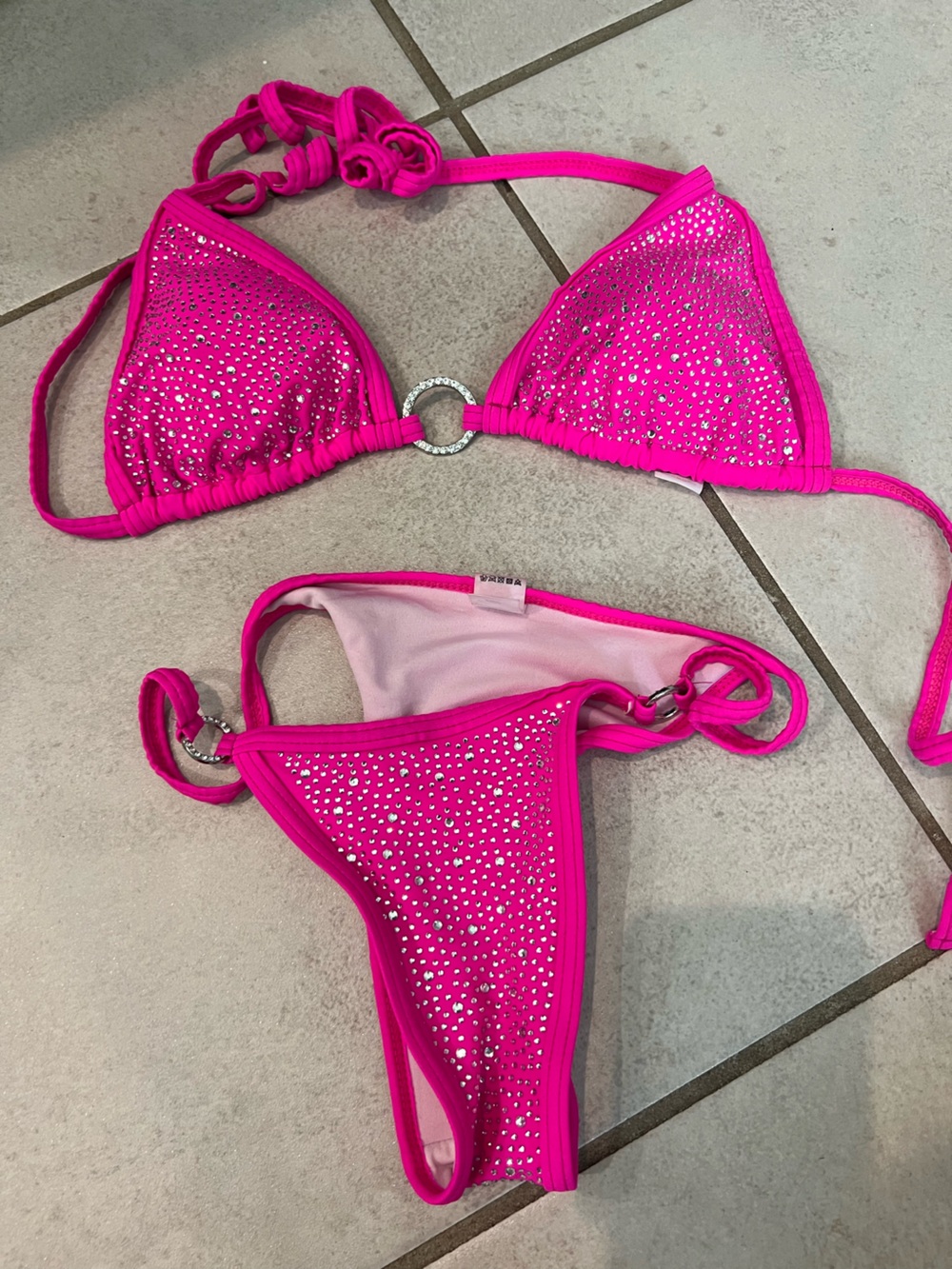 Amazon Hot Pink Rhinestone Triangle Bikini Set